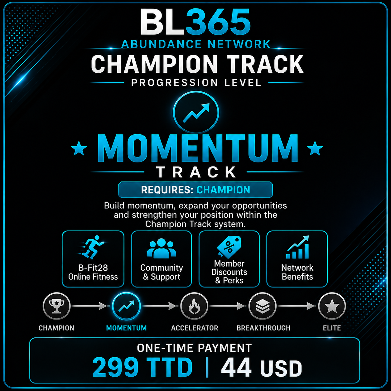 BL365 Abundance Network Momentum Track, one-time payment 299 TTD or 44 USD